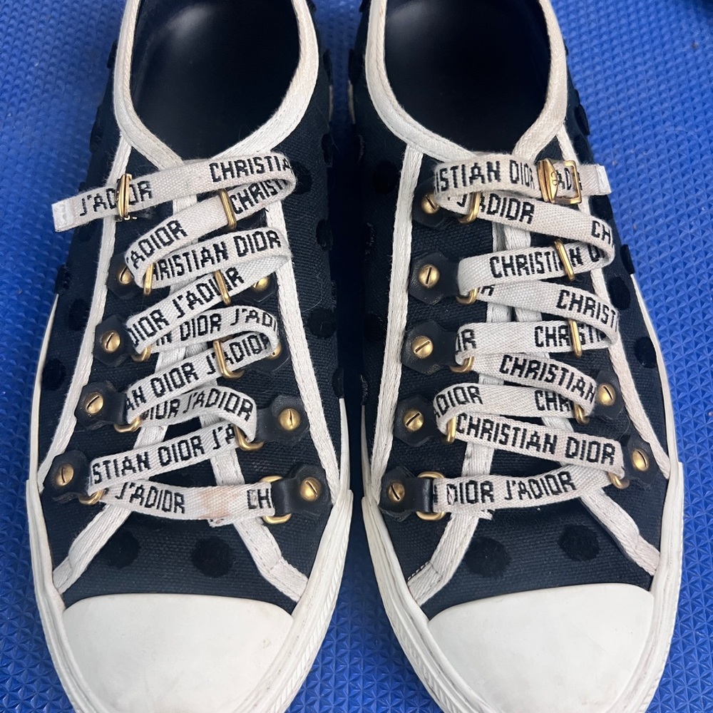 Christian Dior Blk and White Polka Dots Sneakers, Size 37 1/2.